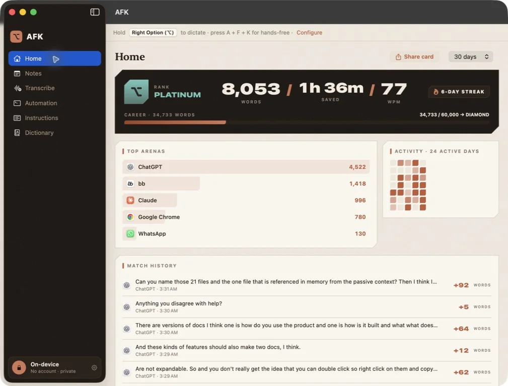 OptionAFK’s native Mac app, showing dictation history and activity.