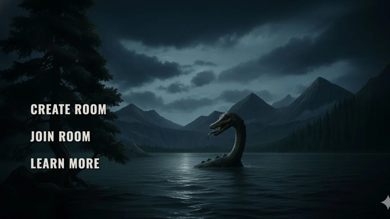 The Cryptid browser game’s illustrated lake, mountain and creature scene.