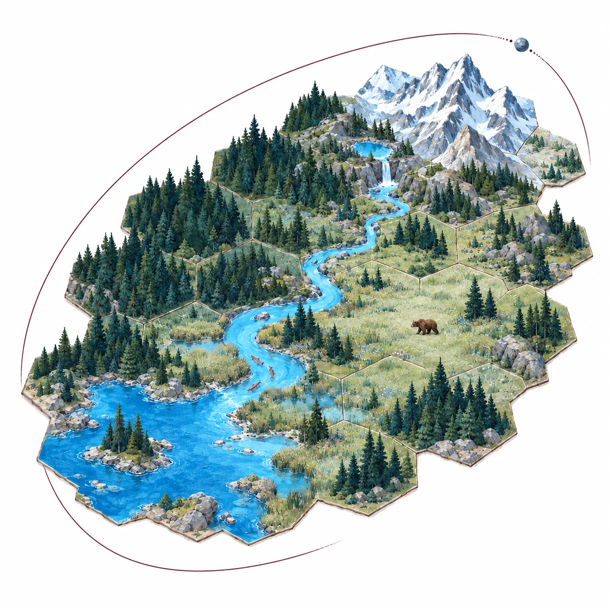 An illustrated landscape of connected forest, mountain, meadow and river tiles, with a small bear and an orbit overhead.