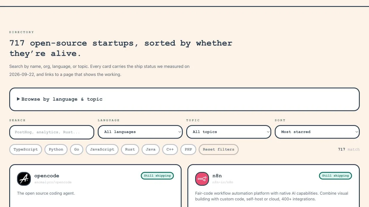 Ossean’s searchable directory and repository activity labels.